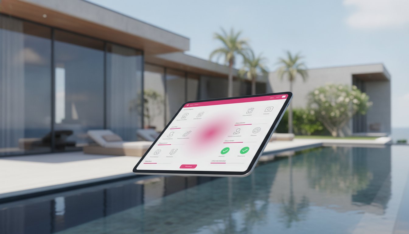 Tablet showing a villa readiness dashboard above the infinity pool of a modern luxury villa